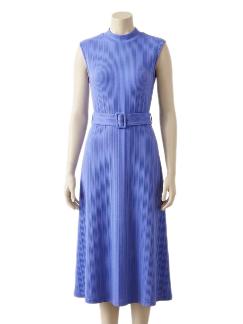 Nine West Sleeveless Ribbed Midi Dress in Periwinkle Blue with Belt